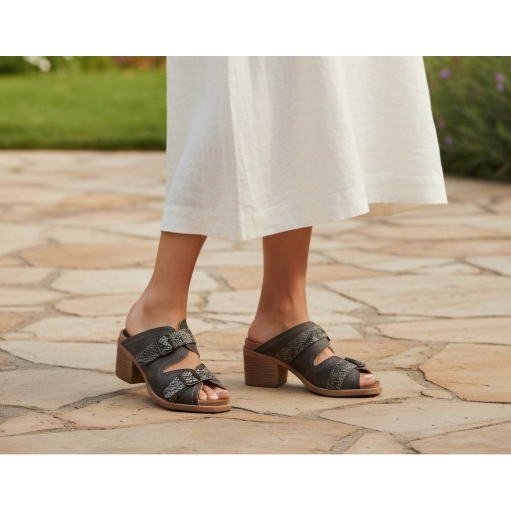Freebird by Steven Women Olive Snake Embossed Leather Buckle Slide Mule Sandals